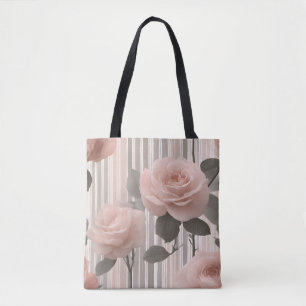 Pink Rose Flower and stripes, Vintage Look Tote Bag