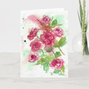Pink Rose Flower Blank Greeting Card Watercolor