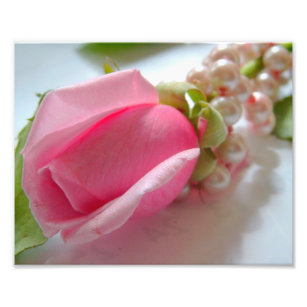 Pink rose flower bud with pearl necklace photo print