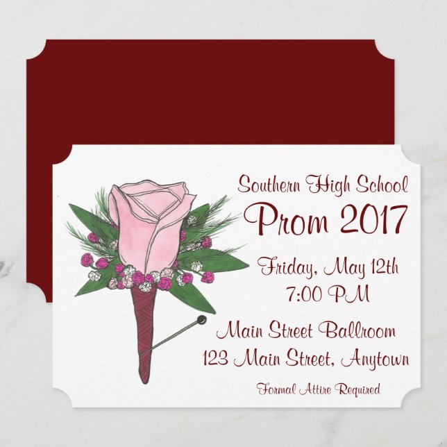 Pink Rose Flower Corsage Boutonniere Prom Dance Invitation (Front/Back)