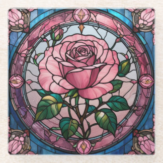 Pink Rose Flower Floral Stained Glass Art Glass Coaster