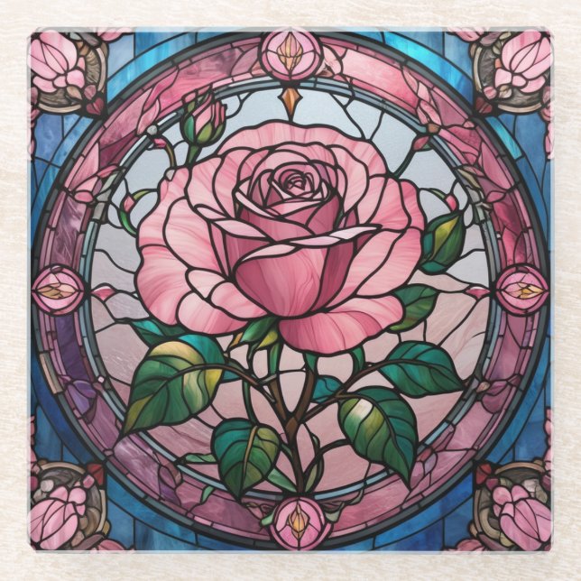 Pink Rose Flower Floral Stained Glass Art Glass Coaster (Front)