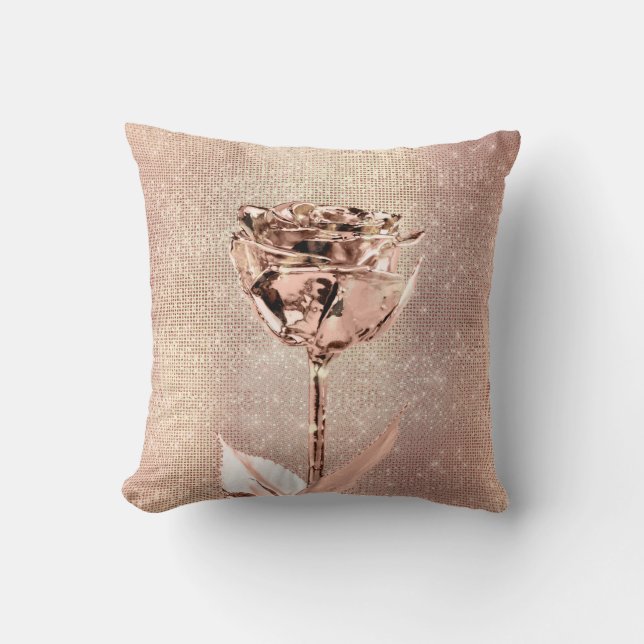 Pink Rose Flower Gold Copper Sequin Sparkly Cushion (Front)