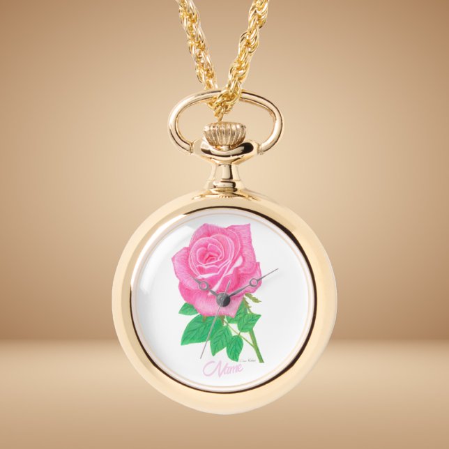 Pink Rose Flower Gold Necklace Watch (Creator Uploaded)