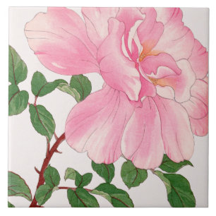Pink Rose Flower & Green Leaves Ceramic Tile