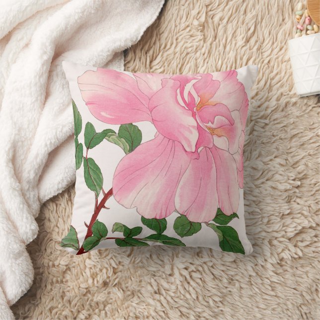 Pink Rose Flower & Green Leaves Cushion (Blanket)