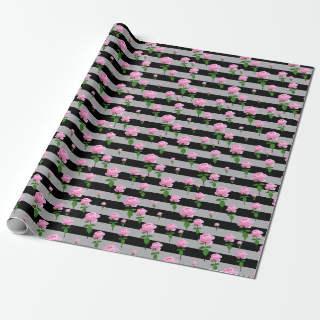 Pink Rose Flower On Grey Black Stripes Pattern Wrapping Paper (Unrolled)