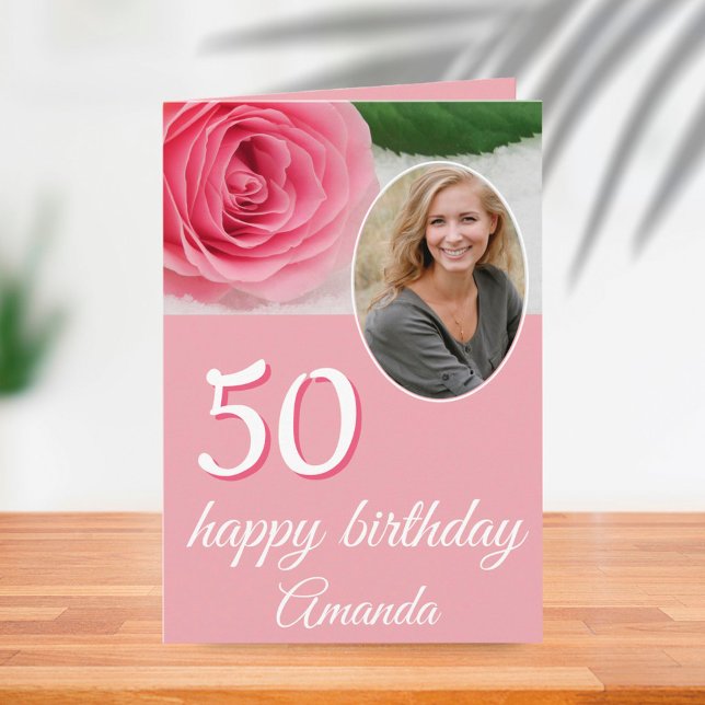 Pink Rose Flower Photo Floral 50th Birthday Card (Creator Uploaded)