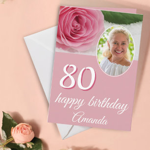 Pink Rose Flower Photo Floral 80th Birthday Card