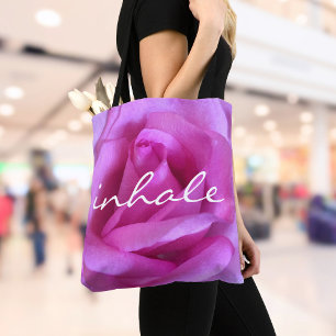 Pink Rose Flower Photo Inhale Script Bold Modern Tote Bag