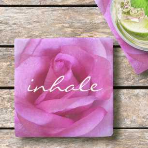 Pink Rose Flower Photo Inhale Script Modern Bold Stone Coaster