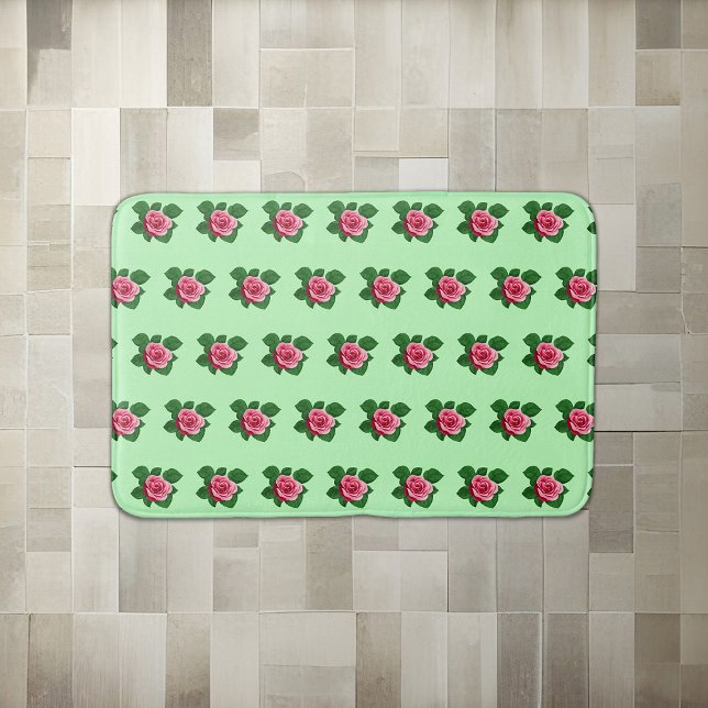 Pink Rose Flower Seamless Pattern on Light Green Bath Mat (Pink Rose flower seamless pattern on light green bath mat)
