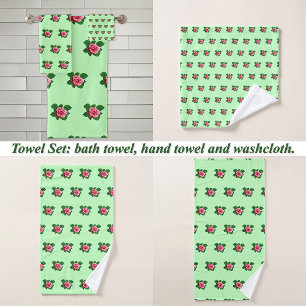 Pink Rose Flower Seamless Pattern on Light Green Bath Towel Set