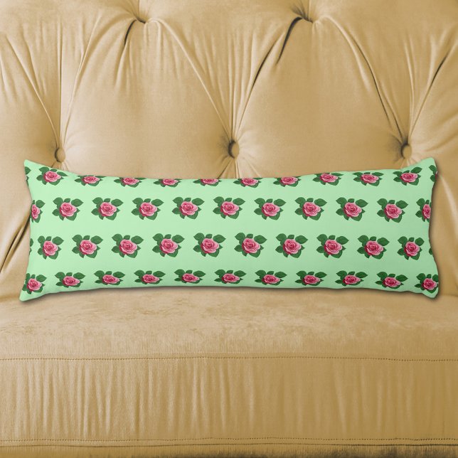 Pink Rose Flower Seamless Pattern on Light Green Body Cushion (Pink Rose flower seamless pattern on body pillow)