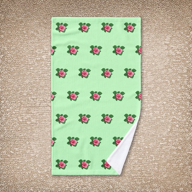 Pink Rose Flower Seamless Pattern on Light Green Hand Towel (Pink Rose flower seamless pattern on light green hand towel)