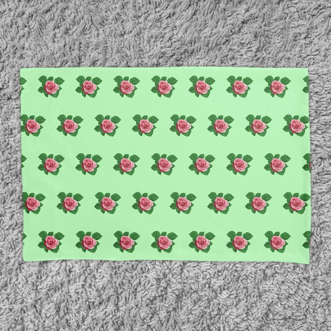 Pink Rose Flower Seamless Pattern on Light Green Pillowcase (Pink Rose flower seamless pattern on pillow case)
