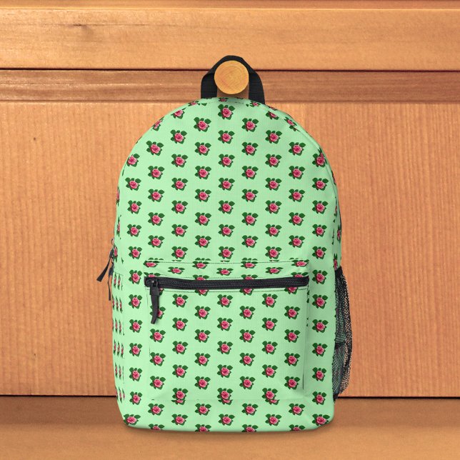 Pink Rose Flower Seamless Pattern on Light Green Printed Backpack (Seamless pattern of pink Rose flower on light green backpack)