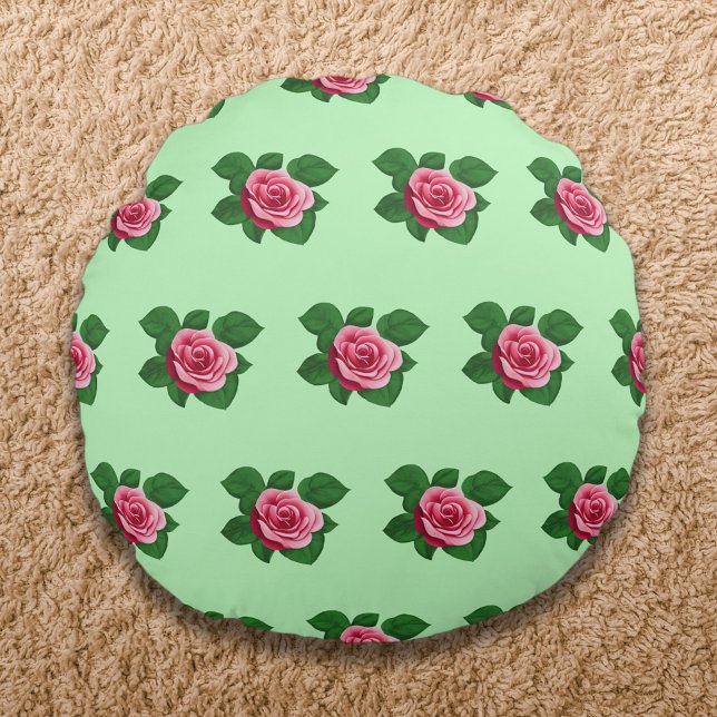 Pink Rose Flower Seamless Pattern on Light Green Round Cushion (Pink Rose flower seamless pattern on light green round throw pillow)