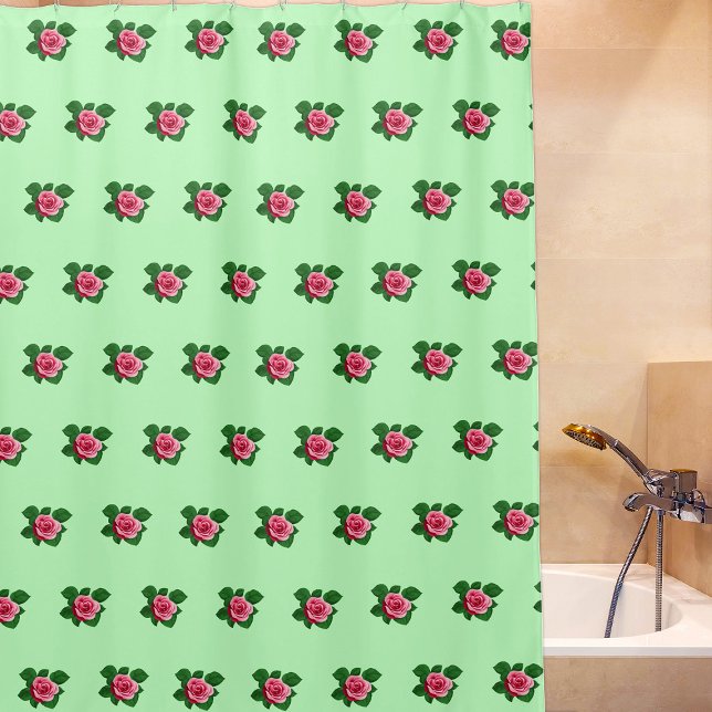Pink Rose Flower Seamless Pattern on Light Green Shower Curtain (Pink Rose flower seamless pattern on shower curtain)