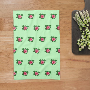 Pink Rose Flower Seamless Pattern on Light Green Tea Towel