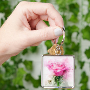 Pink Rose flower watercolor - wb Key Ring