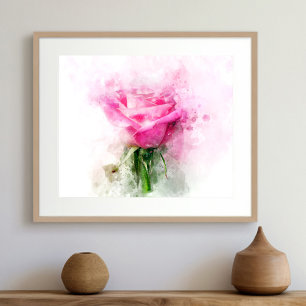 Pink Rose flower watercolor - wb Poster