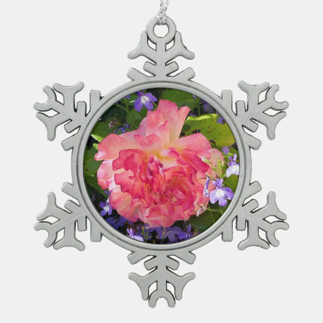 Pink rose flowers among blue lobebelia flowers snowflake pewter christmas ornament (Front)