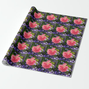 Pink rose flowers among blue lobebelia flowers wrapping paper
