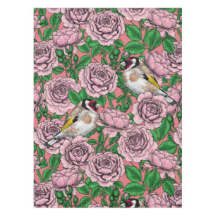 Pink Rose flowers and goldfinch birds Tablecloth