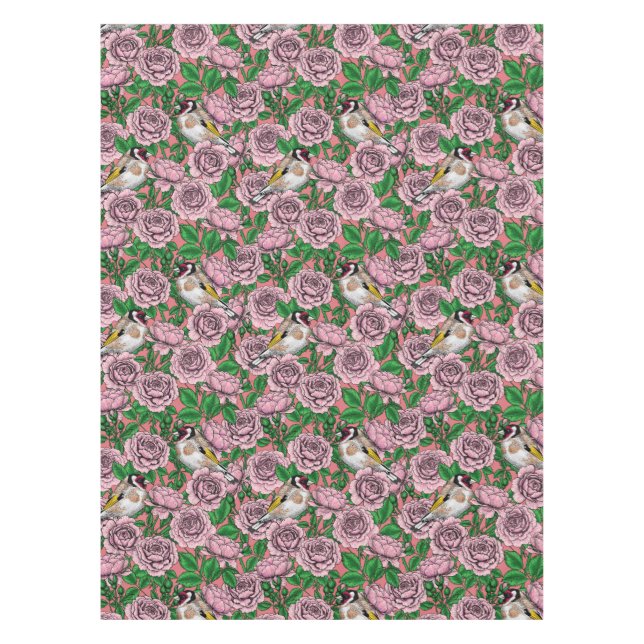Pink Rose flowers and goldfinch birds Tablecloth (Front)
