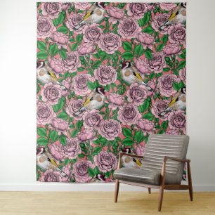 Pink Rose flowers and goldfinch birds Tapestry