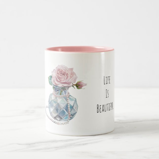 Pink Rose Flowers Blue Vase Two-Tone Coffee Mug (Center)