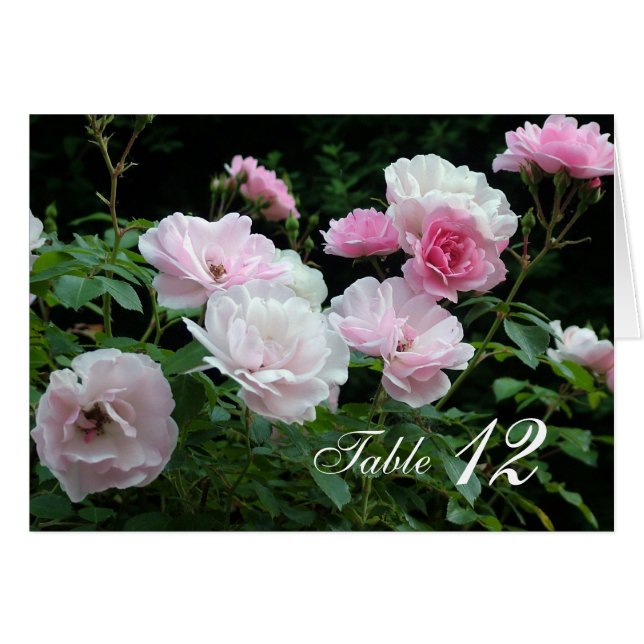 Pink rose flowers dinner table number card. (Front Horizontal)