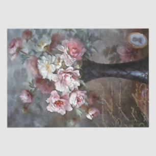 Pink Rose Flowers French Script Vase Decoupage     Tissue Paper