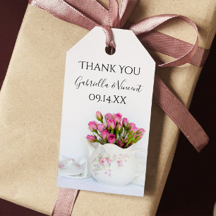 Pink Rose Flowers in Teapot Wedding Favour Tags