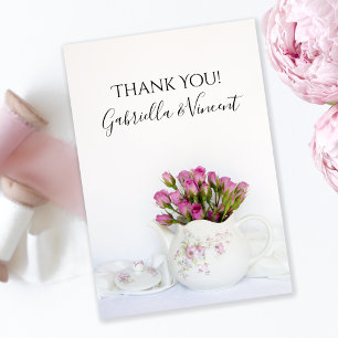 Pink Rose Flowers in Teapot Wedding Thank You Note