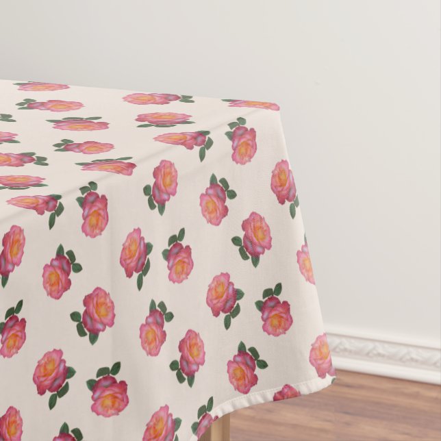 Pink Rose Flowers on Light Beige Tablecloth (In Situ)