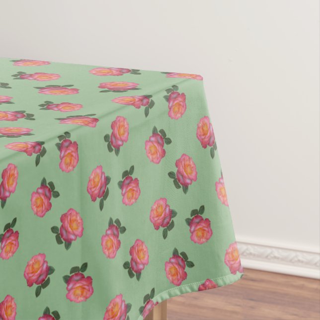 Pink Rose Flowers on Light Green Tablecloth (In Situ)