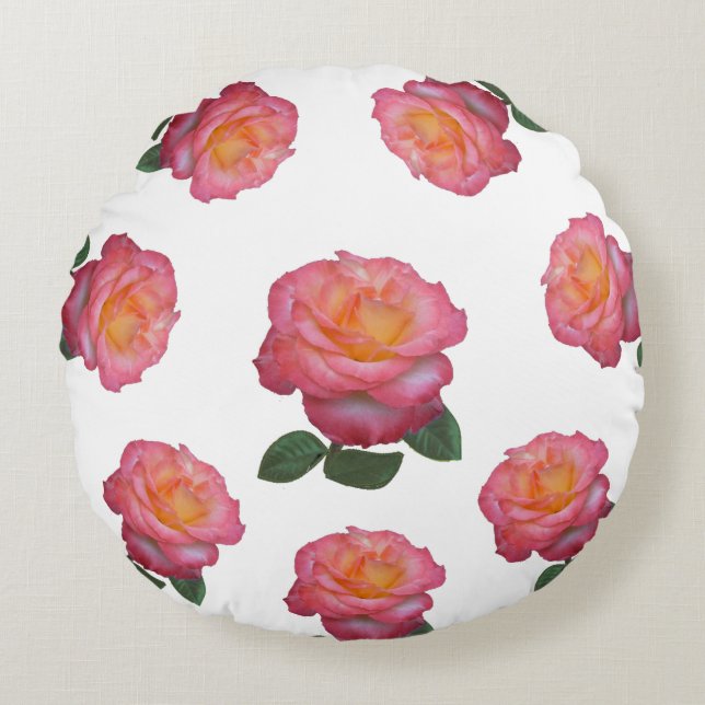 Pink Rose Flowers on White Round Cushion (Front)