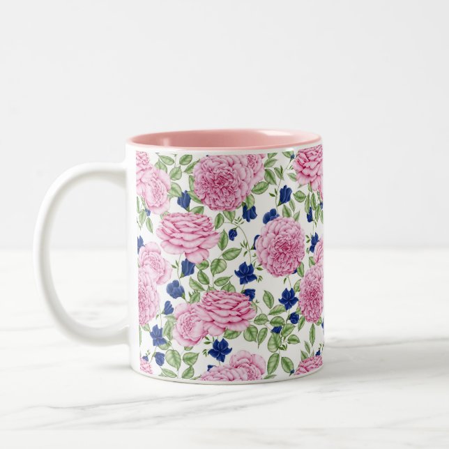  Pink Rose Flowers Pattern  Two-Tone Coffee Mug (Left)
