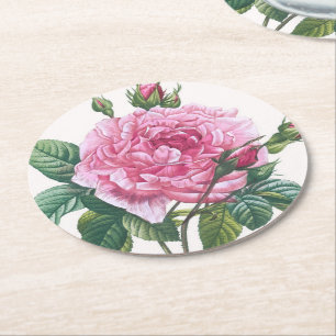 Pink Rose Flowers with Green Leaves Round Paper Coaster