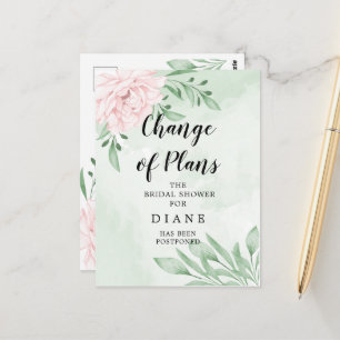 Pink Rose Foliage Change The Date Bridal Shower Postcard