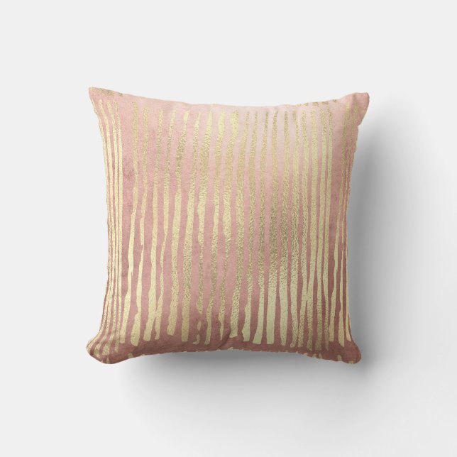 Pink Rose Foxier Blush Gold Strokes Stripes Pastel Cushion (Front)