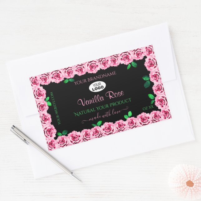 Pink Rose Frame Elegant Black Product Labels Logo (Envelope)