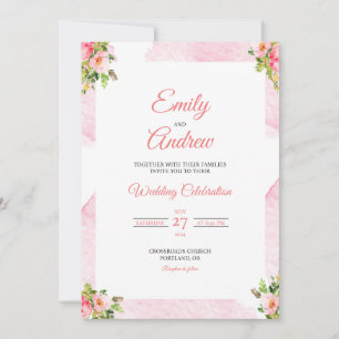 Pink Rose Frame Elegant Floral Watercolor Wedding Invitation