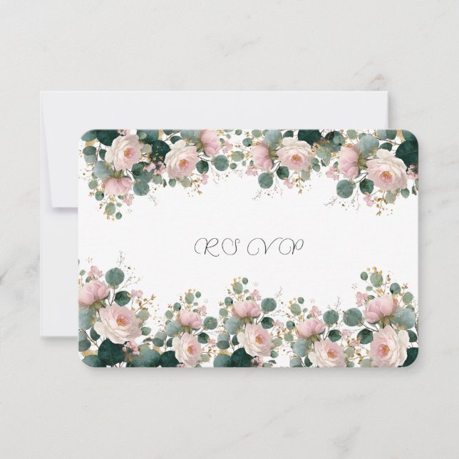 Pink Rose Garden Eucalyptus Wedding RSVP Card (Front)