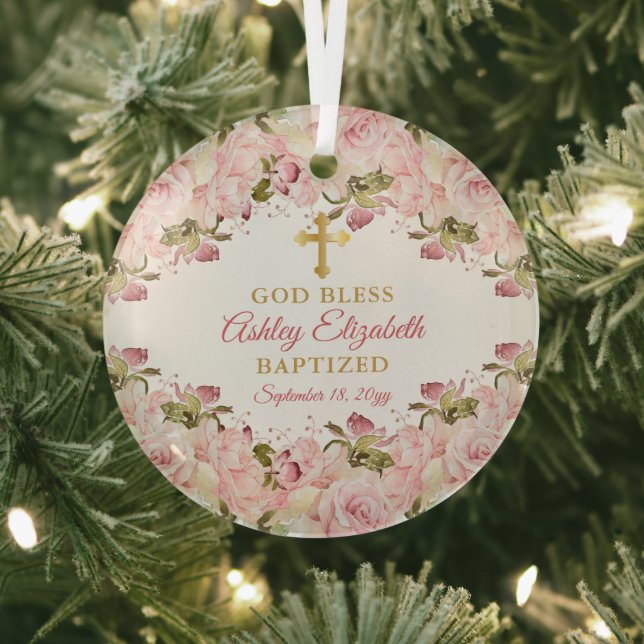Pink Rose Garden Floral Girl Baptism Keepsake Glass Tree Decoration (Insitu)