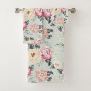 Pink Rose Garden Flower Pattern Bath Towel Set