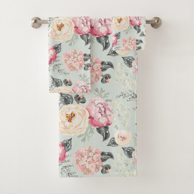 Pink Rose Garden Flower Pattern Bath Towel Set (Insitu)