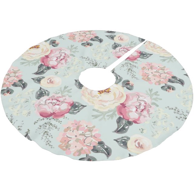 Pink Rose Garden Flower Pattern Brushed Polyester Tree Skirt (Angled)